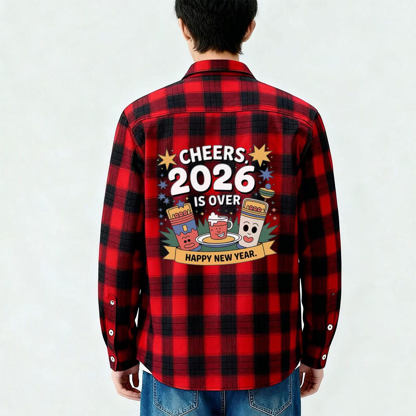 复古格子衬衫男长袖2026新年印花潮牌街头风男士衬衣