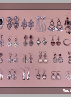 Bijoux订单库存夸张银色复古做旧小众气质文艺撞色珍珠耳钉耳环女