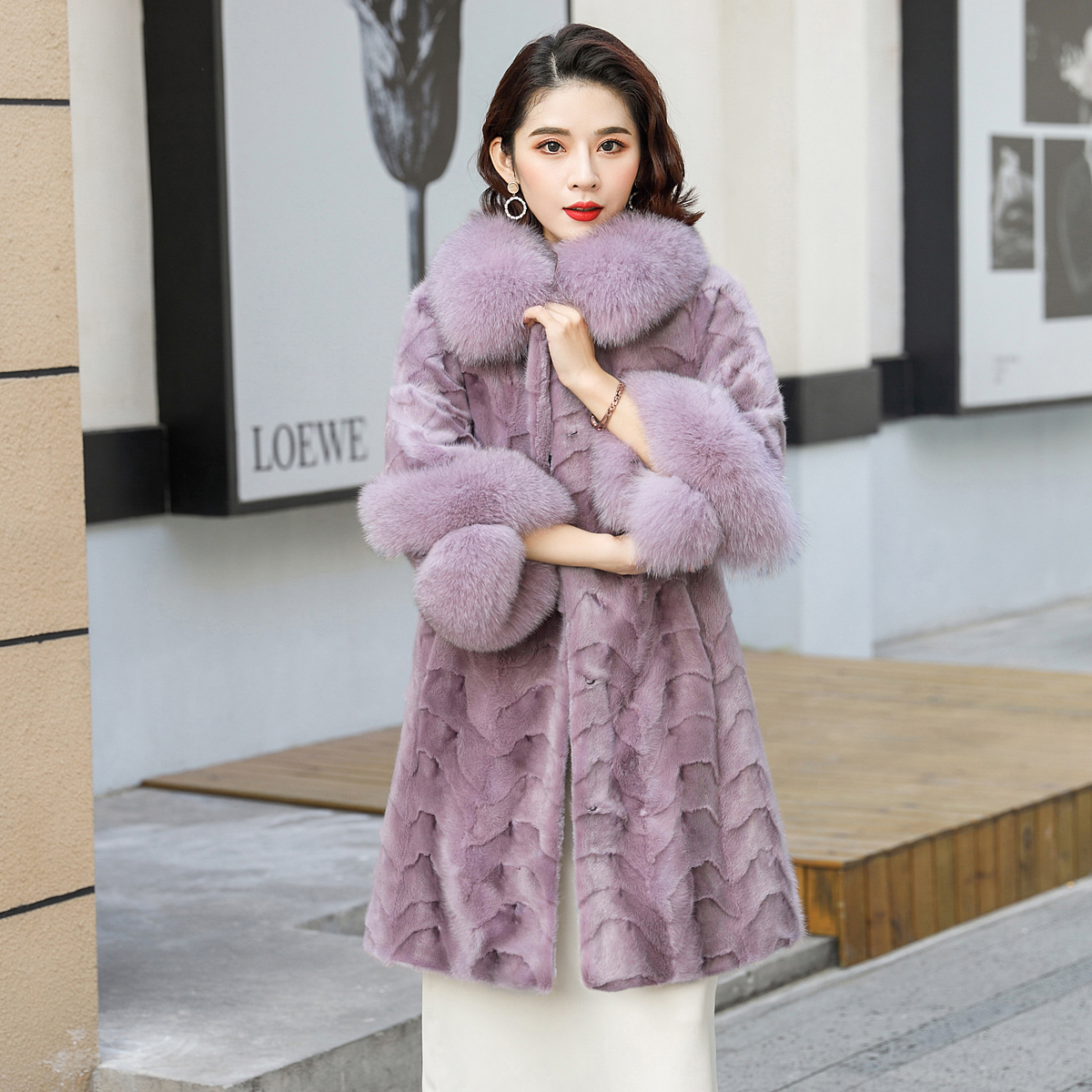 秋冬海宁新款2025水貂皮草中长款狐狸毛领貂皮大衣女修身拼貂大码