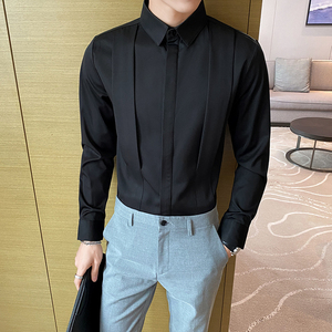 长袖透气宽松型修身金属袖扣衬衫休闲职业正装韩版男士衬衣白色图片