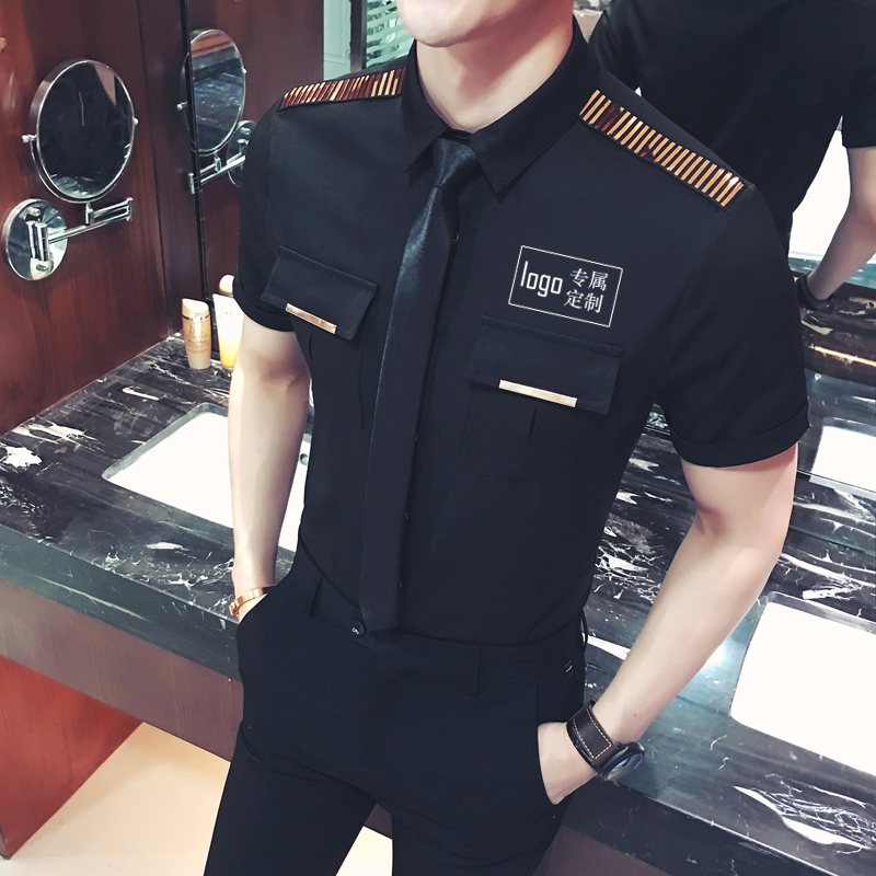YC031-Q型男空少服短袖衬衫夜店KTV理发师可定制LOGO衬衣工装P45，男装衬衫，星座717A