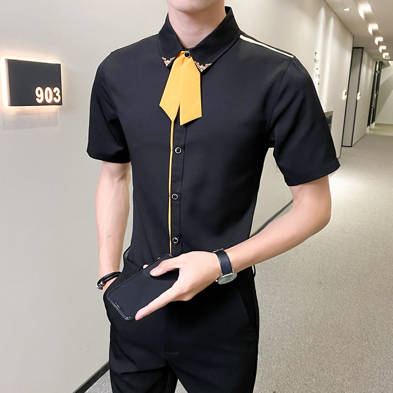 LT136*2023男短袖个性领带装饰衬衣工作服营业员KTV休闲衬衫P45图片