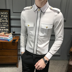 LT121-潮男社会小伙肩章空少长袖衬衣夜店酒吧KTV少爷长袖衬衫P50图片