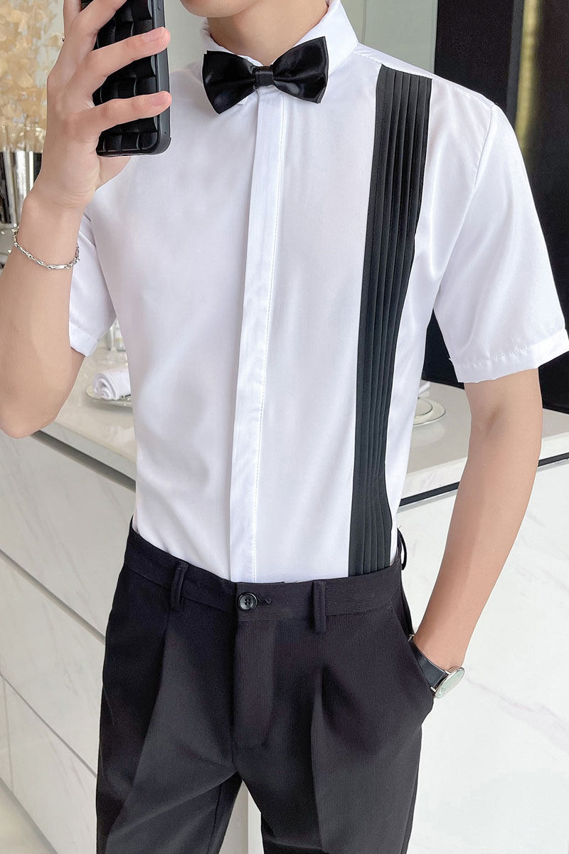 LT147*潮撞色风琴皱夏季短袖衬衫伴郎餐厅服务员KTV衬衣工作服P45,男装衬衫,星座717A