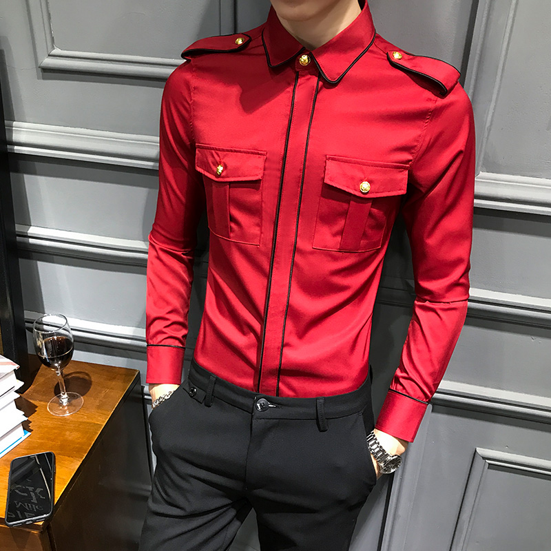 LT121-潮男社会小伙肩章空少长袖衬衣夜店酒吧KTV少爷长袖衬衫P50，男装衬衫，星座717A