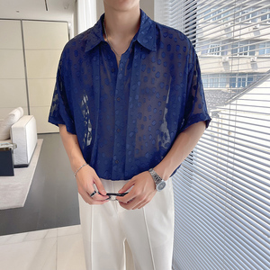 QS065*男夏季夜店小众短袖衬衫中性尖领镂空衬衣P65图片
