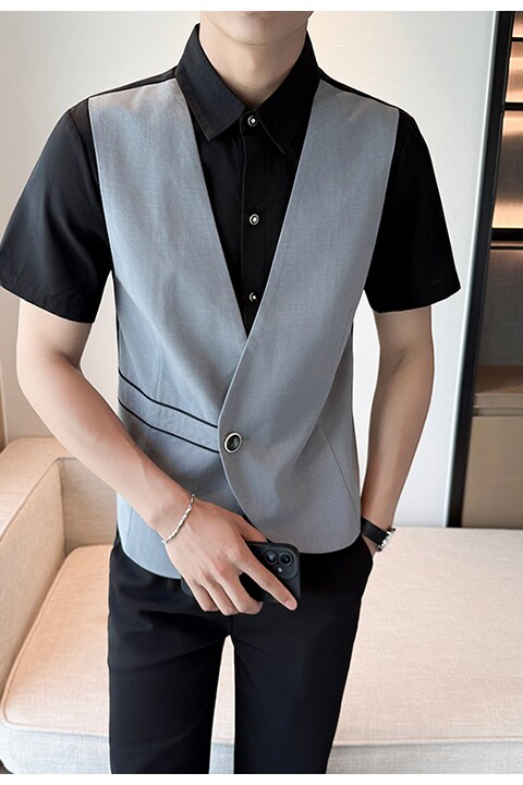 LT1001*男马甲两件套潮假两件衬衫餐厅吧台营业员司仪工作服P55,男装衬衫,星座717A