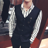Y8471-新款条纹衬衫马甲假两件大码工作服理发师酒吧网咖衬衣P55，男装衬衫，星座717A