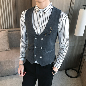 LP733-新款双排扣V领男马甲外套服务员马甲工作服大码P40图片