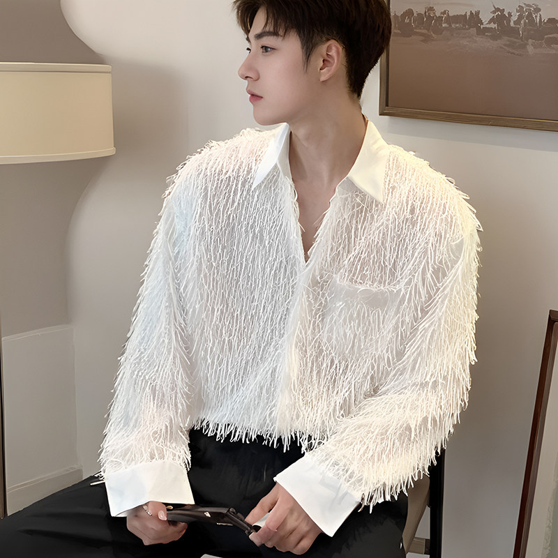 QS091*长流苏演出服型男舞台表演服长袖衬衫宽松P65,男装衬衫,星座717A