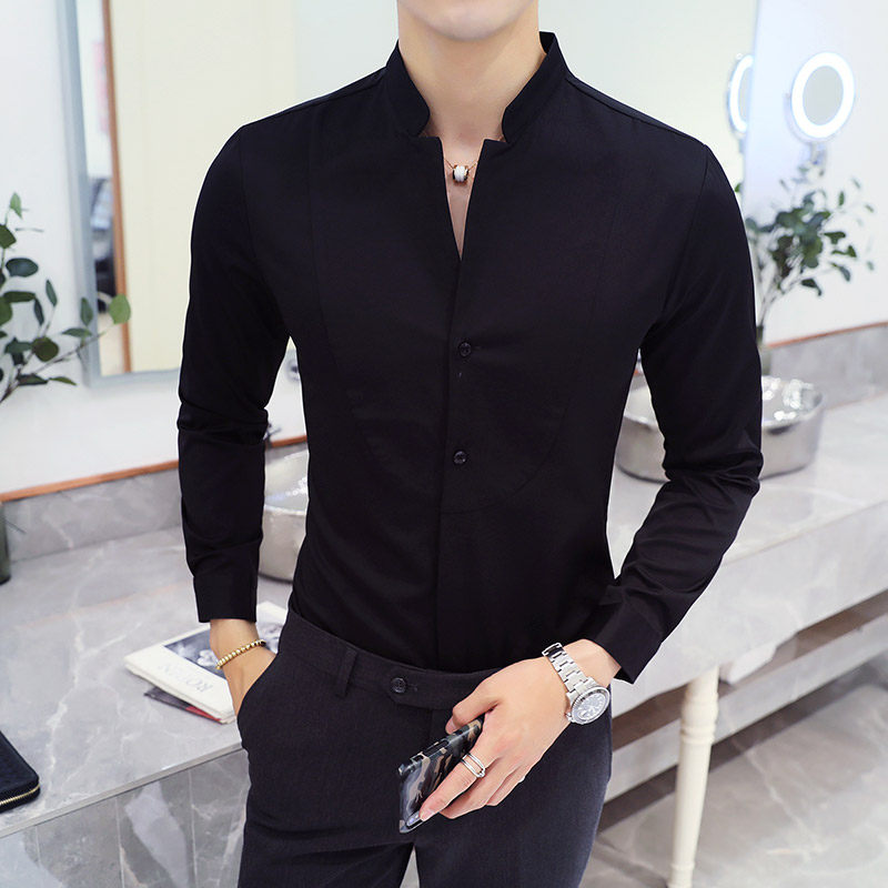 YC082-2020立领三色入长袖衬衣大码发型师青年男衬衫纯色寸衣P45,男装衬衫,星座717A