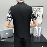 LT134*不对称条纹短袖衬衣夜店酒吧KTV营业员假两件衬衣马甲P50，男装衬衫，星座717A
