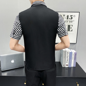 LT134*不对称条纹短袖衬衣夜店酒吧KTV营业员假两件衬衣马甲P50图片
