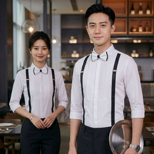 GZ077*背带装饰七分袖男女同款衬衫餐厅酒吧夜店工作服送领结P50图片