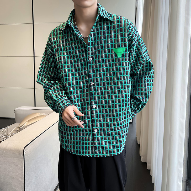 QS021*韩版中性加厚绿色格子长袖衬衫尖领休闲轻者男大版衬衣P50,男装衬衫,星座717A