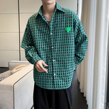 QS021*韩版中性加厚绿色格子长袖衬衫尖领休闲轻者男大版衬衣P50，男装衬衫，星座717A