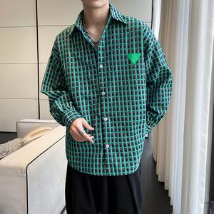 QS021*韩版中性加厚绿色格子长袖衬衫尖领休闲轻者男大版衬衣P50图片