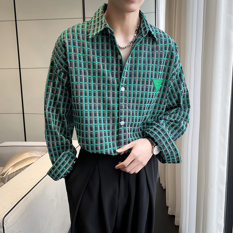 QS021*韩版中性加厚绿色格子长袖衬衫尖领休闲轻者男大版衬衣P50,男装衬衫,星座717A