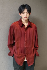 QS036*褶皱法式男长袖衬衫酒红色P48图片