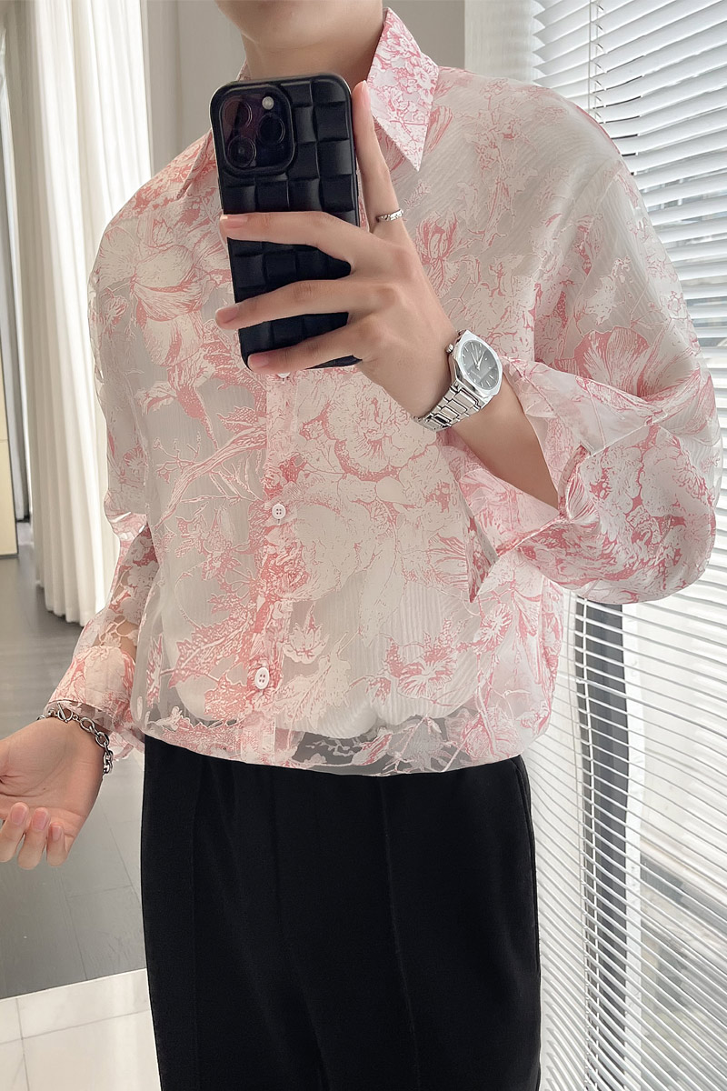QS081*新款中性镂空花衬衫男女欧根纱透气防晒衣休闲长袖衬衣P65,男装衬衫,星座717A