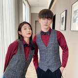 Q8754*大格子单排扣织带装饰男女款马甲工作服酒吧KTV马甲工装P50，男装背心/马甲，星座717A