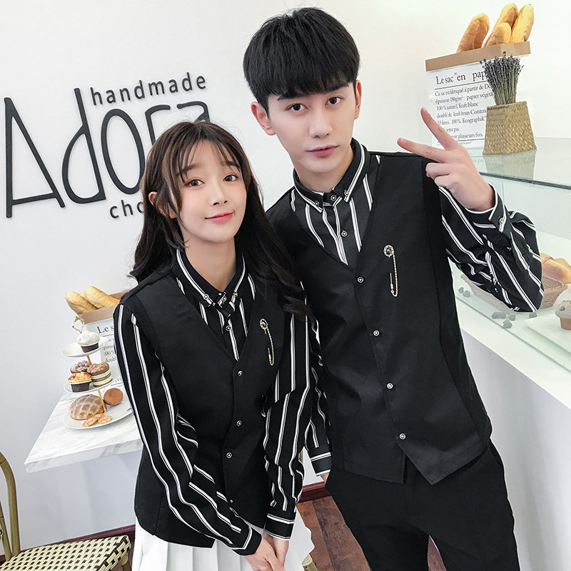 Q8471-经典条纹衬衫马甲假两件男女款夜店酒吧KTV服务生工作服P55,男装衬衫,星座717A