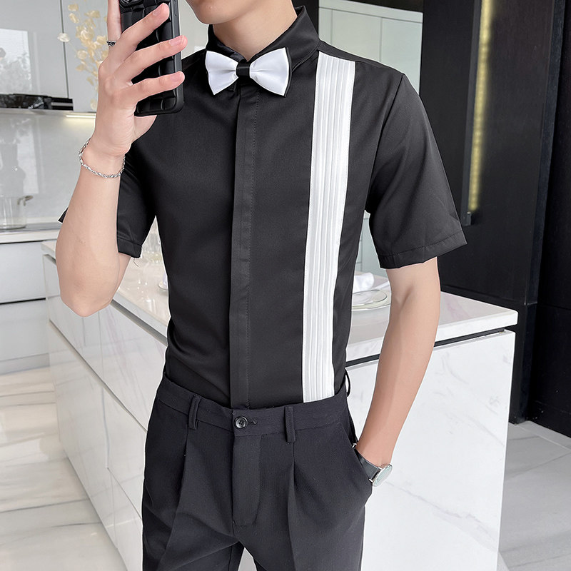 LT147*潮撞色风琴皱夏季短袖衬衫伴郎餐厅服务员KTV衬衣工作服P45图片