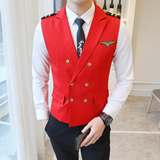 Y8758-Q时尚男韩版修身短款双排扣马甲工作服肩章马甲外套黑色P50，男装背心/马甲，星座717A