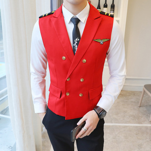 Y8758-Q时尚男韩版修身短款双排扣马甲工作服肩章马甲外套黑色P50图片
