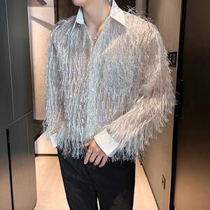 QS090*韩舞台装个性长毛夜店男歌手演出ins风网红款长袖衬衫P65,男生白色帽子白色衣服搭配图片图片