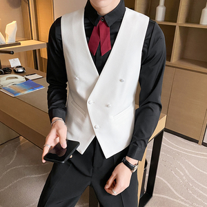 LP706-V领纯色男女同款双排扣休闲马甲酒吧服务员工作服大码P50图片