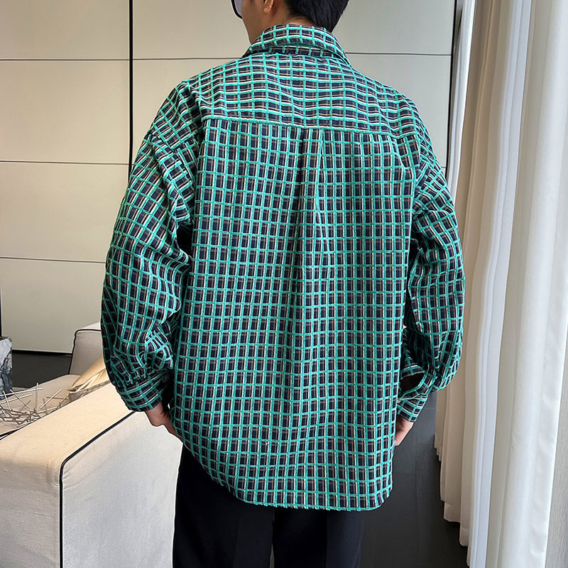 QS021*韩版中性加厚绿色格子长袖衬衫尖领休闲轻者男大版衬衣P50,男装衬衫,星座717A