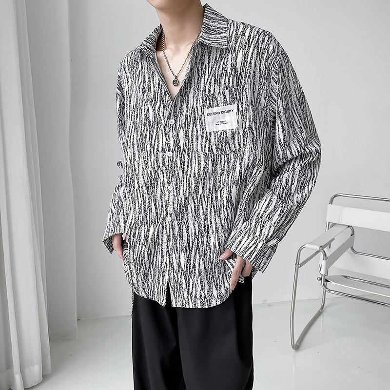QS014*新款大口袋长袖秋季宽松男青少年小众中性条纹衬衫P50,男装衬衫,星座717A