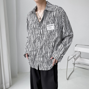 QS014*新款大口袋长袖秋季宽松男青少年小众中性条纹衬衫P50图片