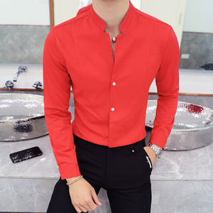 YC082-2020立领三色入长袖衬衣大码发型师青年男衬衫纯色寸衣P45图片