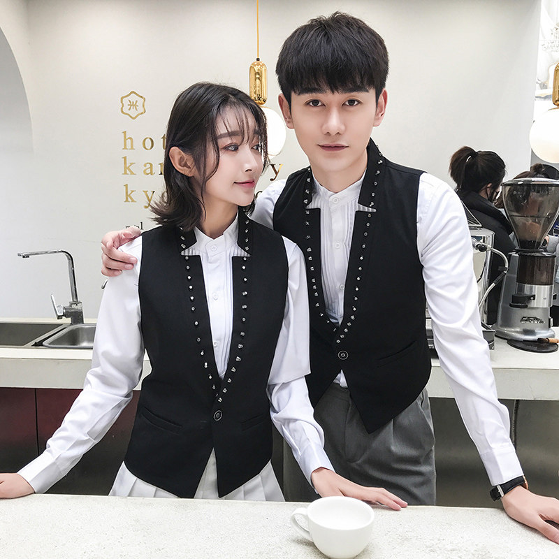 Q8782*铆钉装饰立领情侣一粒扣短款马甲酒吧KTV男女马甲工作服P50图片