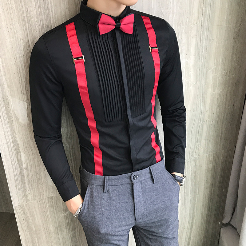 LT017-V假两件背带款男士长袖衬衫工装夜店KT少爷装工作服P50图片
