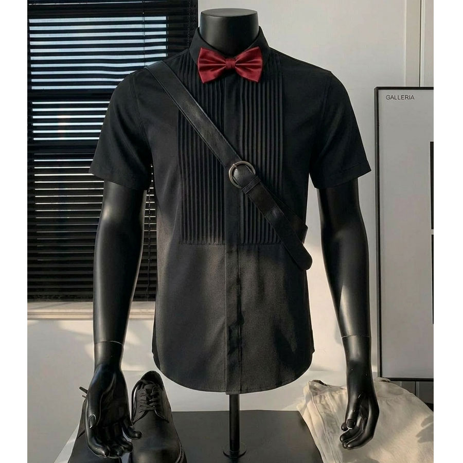 JM143*法式褶皱黑色短袖衬衫伴郎合唱表演服P45,男装衬衫,星座717A