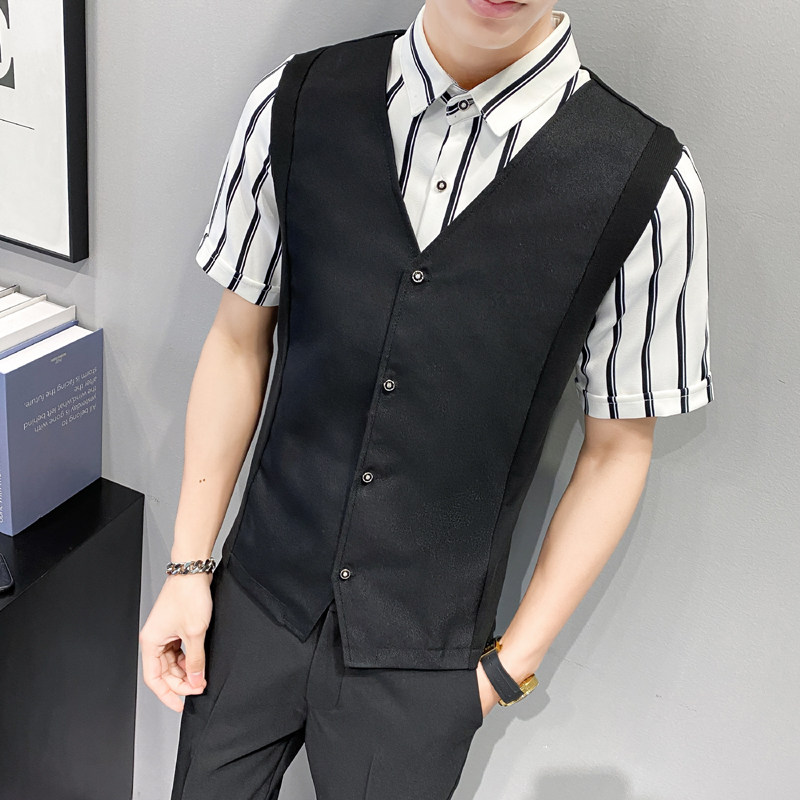 LT135*男条纹衬衫夜店酒吧营业员服务员马甲短袖衬衫假两件P50,男装衬衫,星座717A