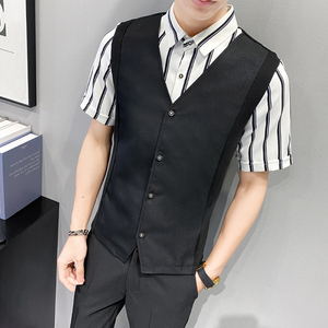 LT135*男条纹衬衫夜店酒吧营业员服务员马甲短袖衬衫假两件P50图片