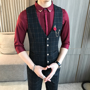 LP710-2023经典格子胸花装饰男休闲马甲外套小马褂P50图片