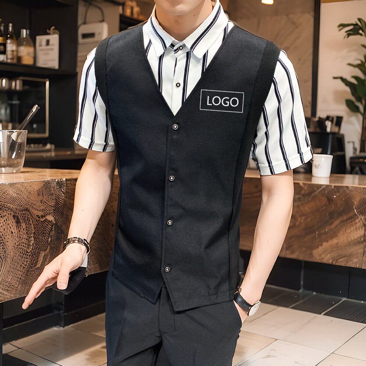 LT135*条纹短袖衬衫马甲假两件男款KTV酒吧餐厅奶茶店工作服P50,男装衬衫,星座717A