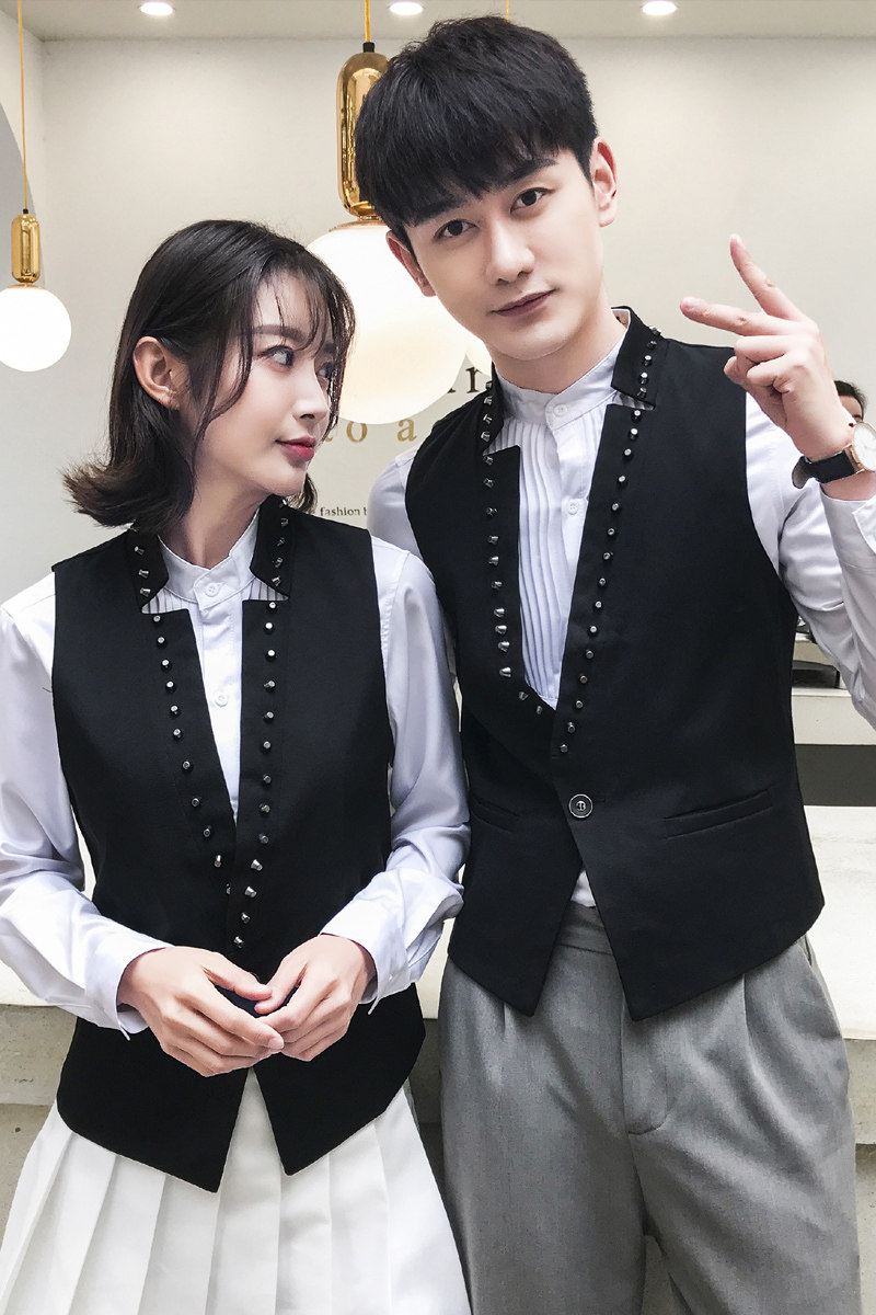 Q8782*铆钉装饰立领情侣一粒扣短款马甲酒吧KTV男女马甲工作服P50,男装背心/马甲,星座717A