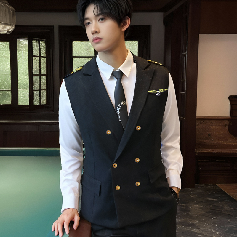 QS758*肩章装饰空少马甲娱乐场所夜店酒吧休闲马甲P50，男装背心/马甲，星座717A