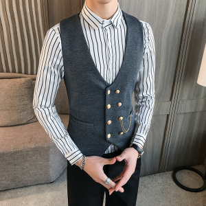 LP734-金属双排扣V领短款男马甲外套休闲马甲KTV夜店工作服P50图片
