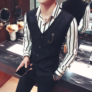 Y8471-V2020条纹衬衫马甲假两件大码工作服理发师酒吧网咖衬衣P55图片