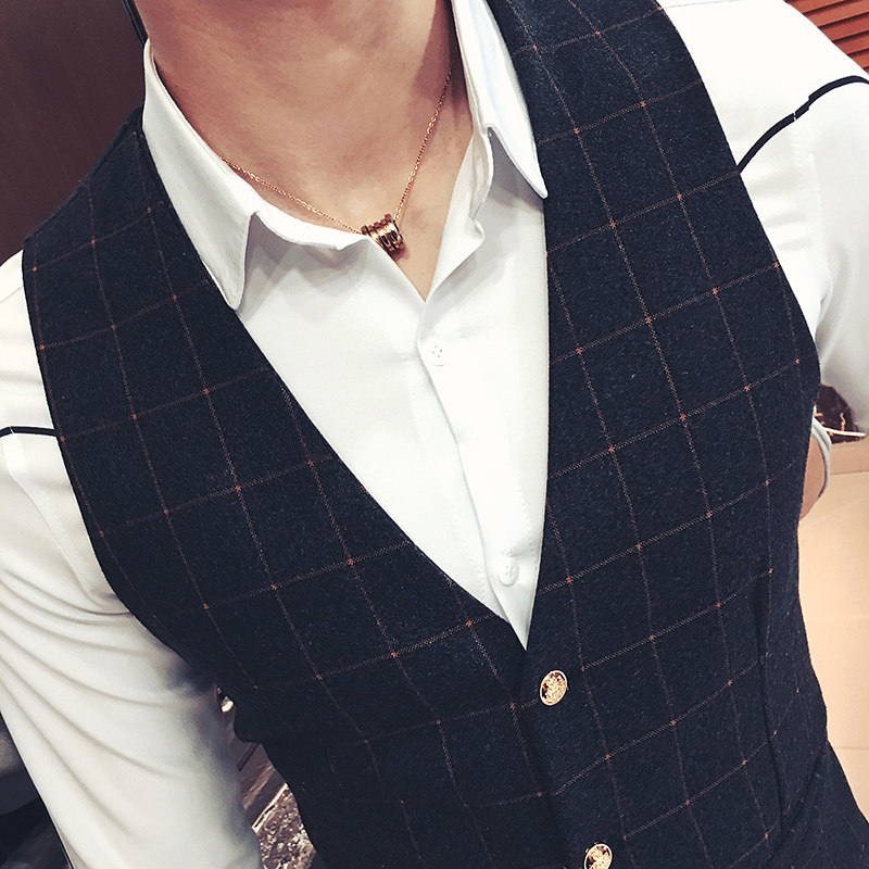 Y8710-格子单排扣男士韩版修身马甲工作服夜店酒吧马褂套装P50,男装背心/马甲,星座717A