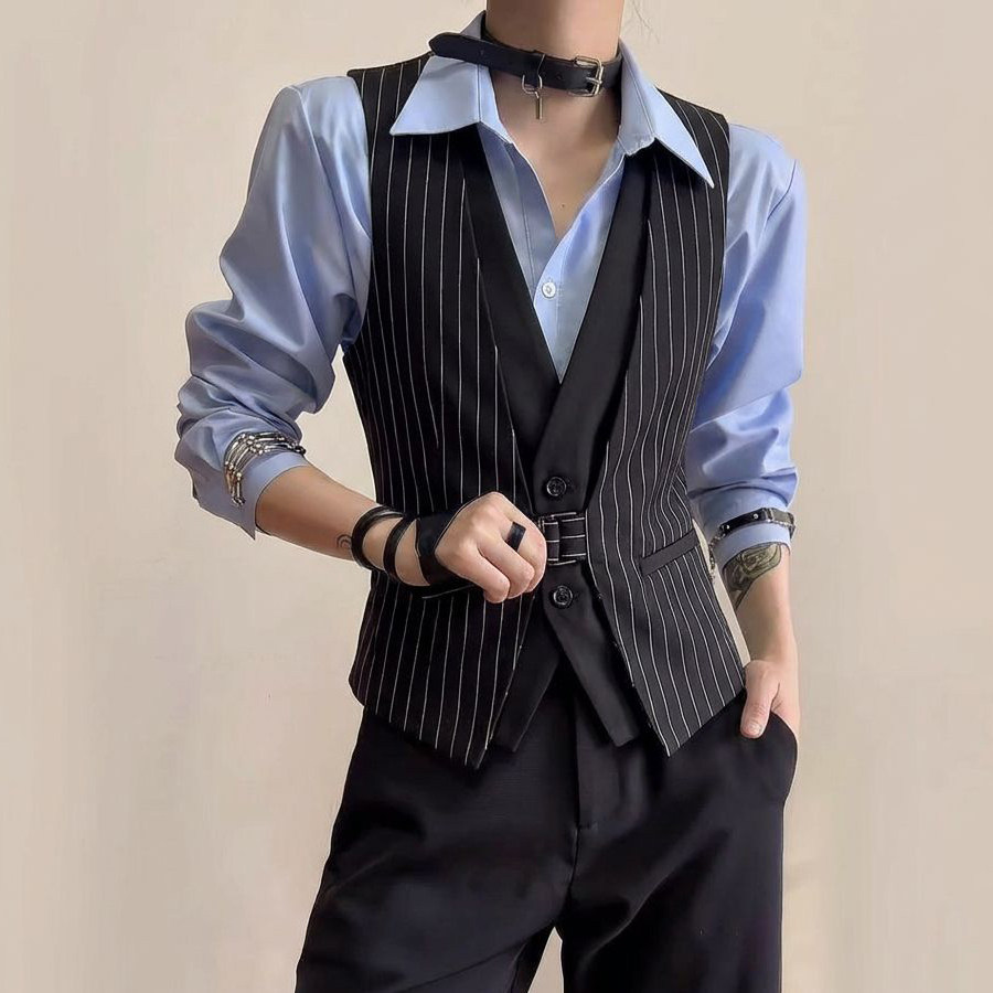 QS805*竖条纹假两件型男短款V领短马甲P50,男装背心/马甲,星座717A