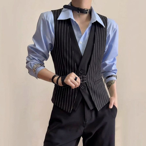 QS805*竖条纹假两件型男短款V领短马甲P50图片