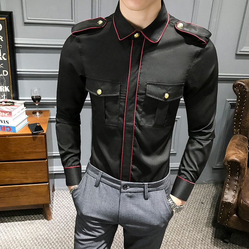 LT121-新款男肩章长袖衬衫夜店社会小伙长袖衬衣大码P50,男装衬衫,星座717A
